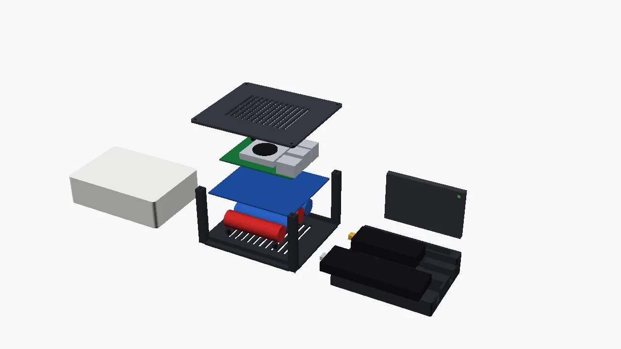 Design render of the Haven hub, exploded: router, cage, Pi 5 with cooler, UPS board, cells, SSD, weather receiver, hub radio and caddy.